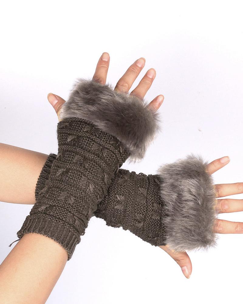 

1Pair Fuzzy Trim Bowknot Textured Knit Fingerless Gloves, Dark grey