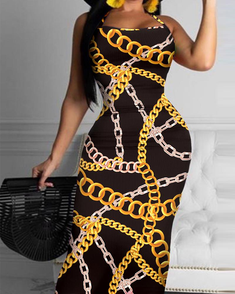 

Chain Print Spaghetti Strap Bodycon Dress, Black
