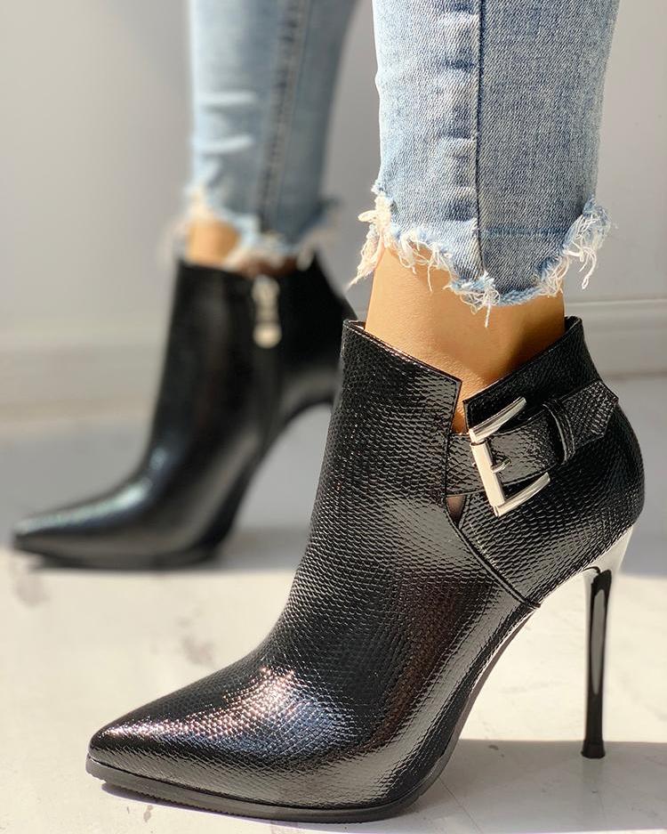 

Snakeskin Point Toe Thin Heeled Ankle Boots, Black