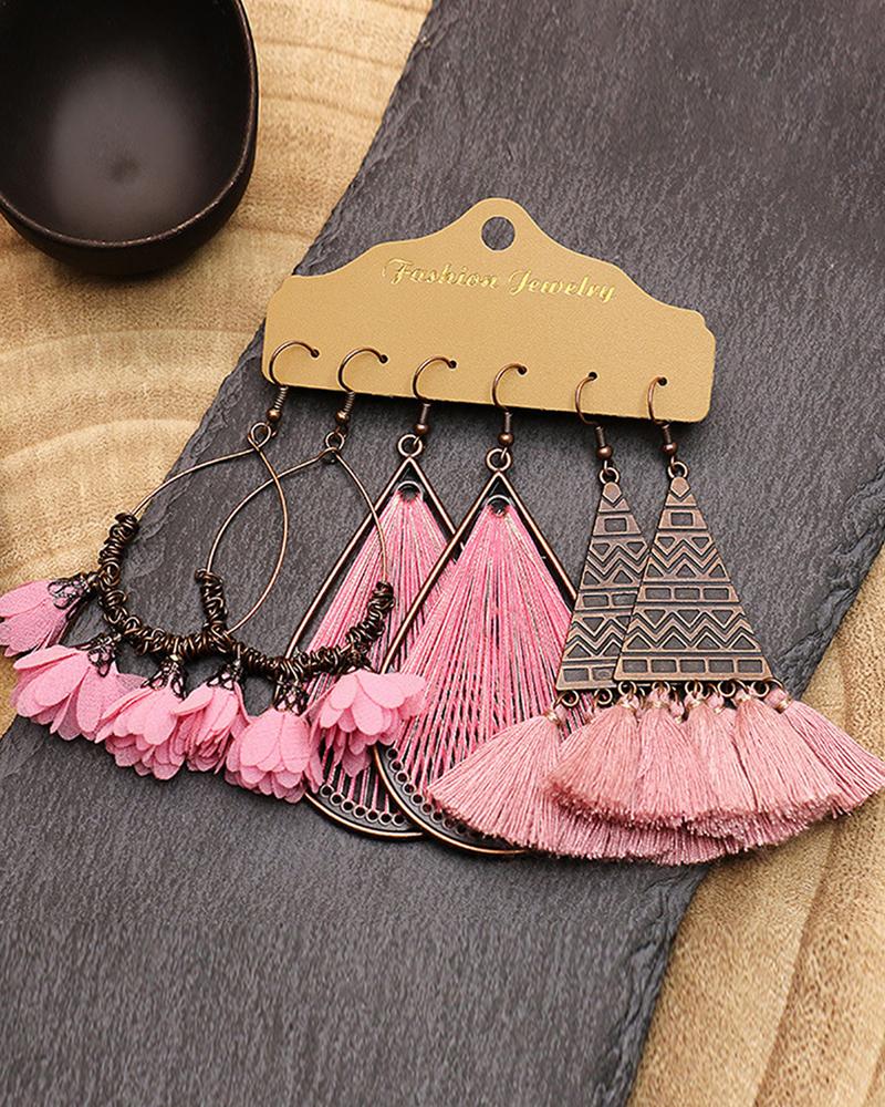 

3Pairs Geometric Floral Pattern Tassel Design Bohemian Drop Hook Earrings Set, Pink