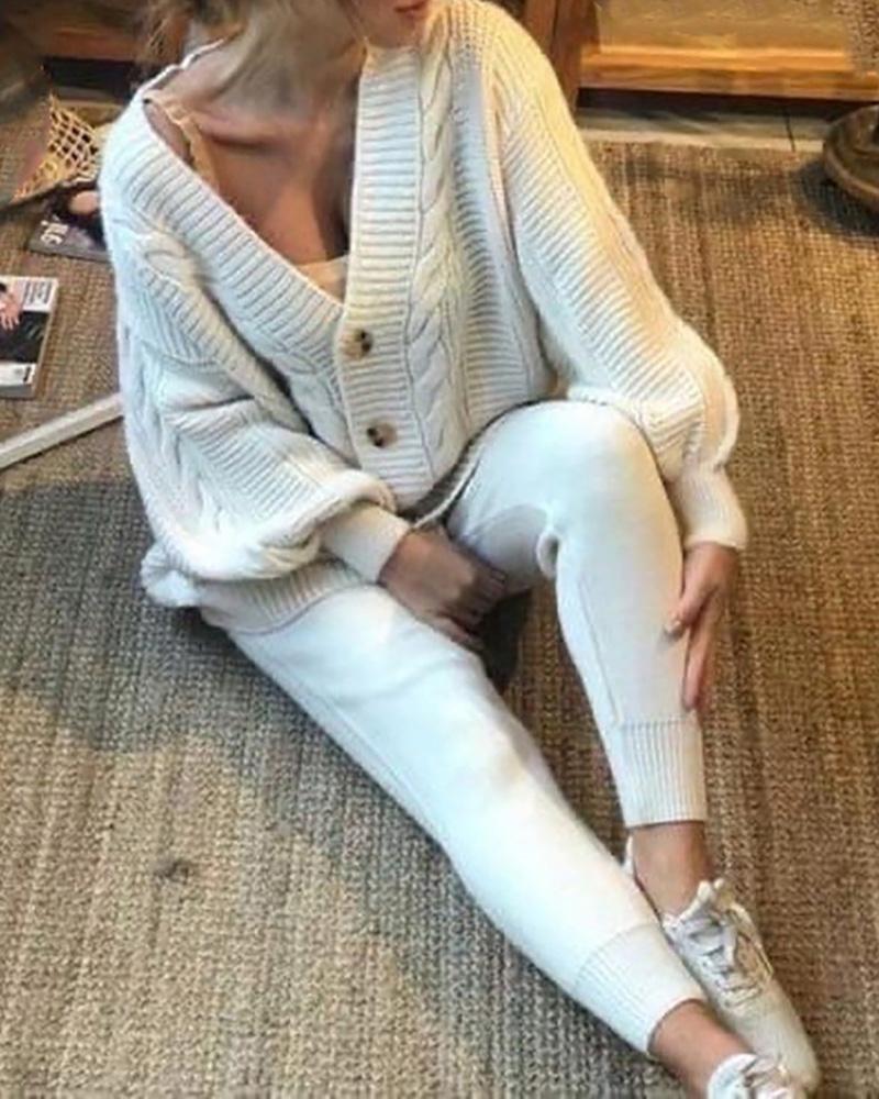 

Button Front Lantern Sleeve Cardigan & Pants Set, White