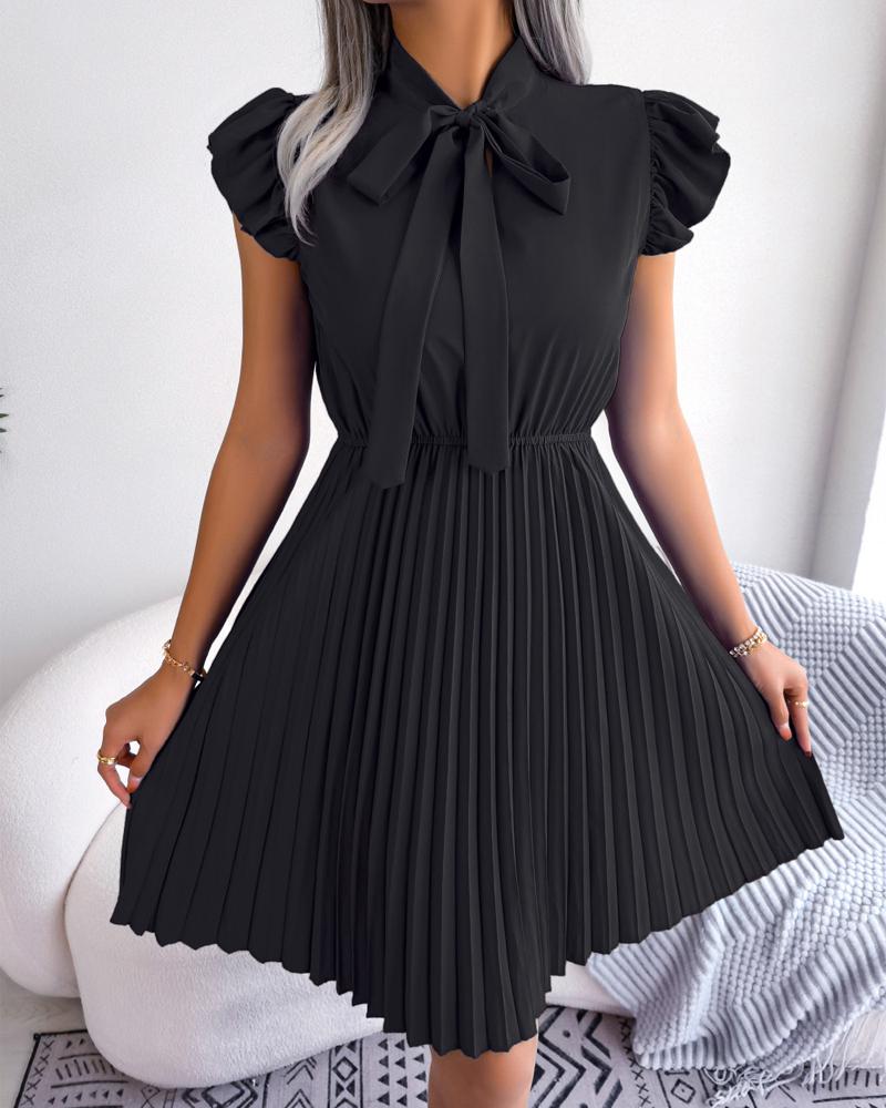 

Flutter Sleeve Pleated Work Dress, Black