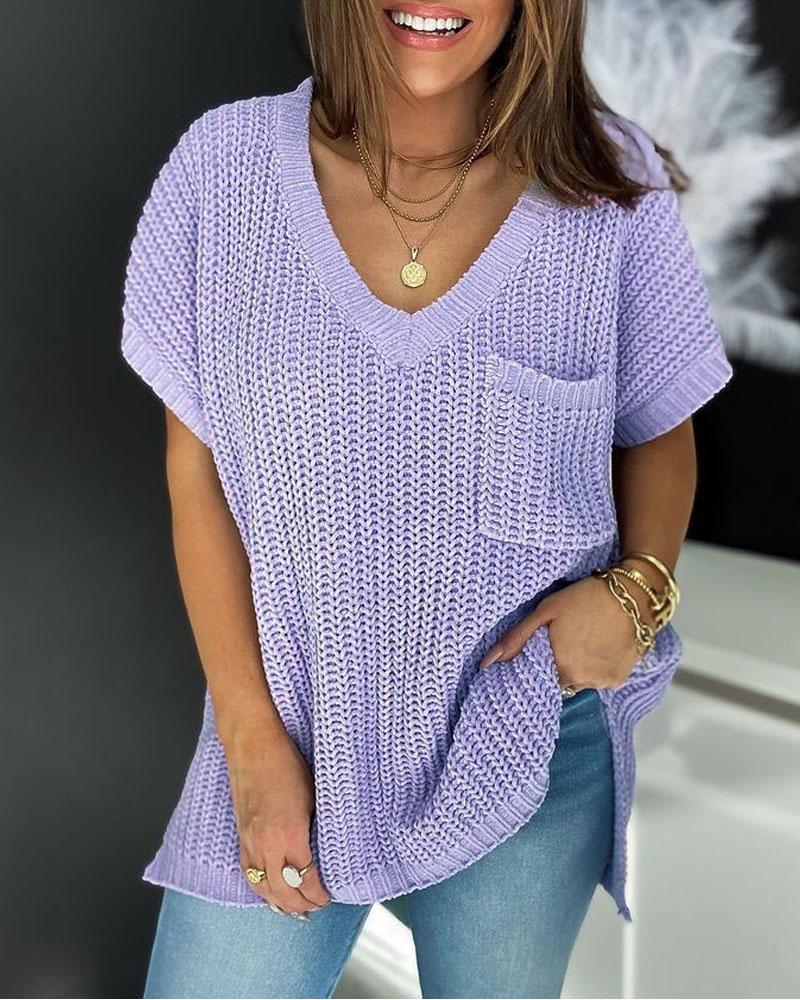 

Pocket Detail V-Neck Chunky Knit Top, Purple
