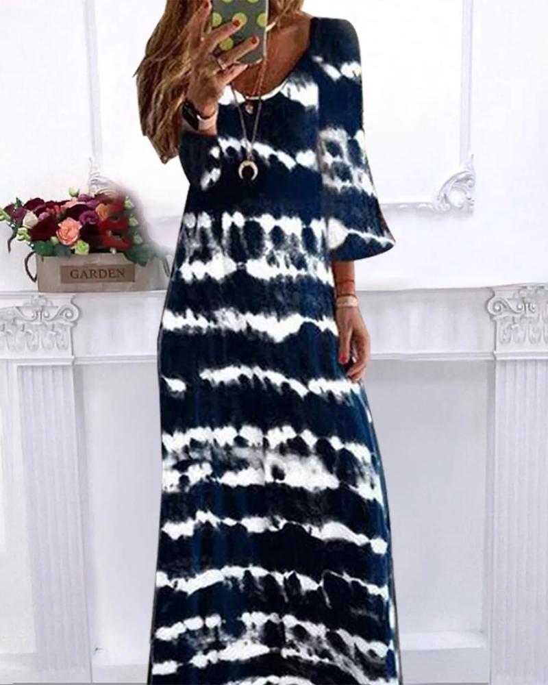 

Tie Dye Print V-Neck Casual Dress, Purplish blue