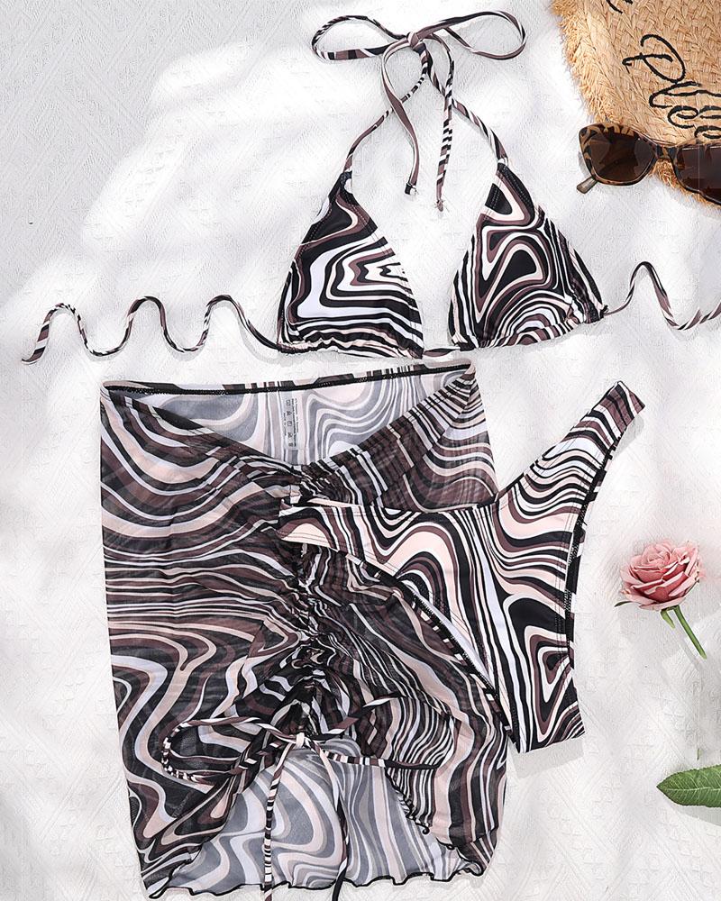 

Marble Print Bikini Set With Drawstring Cover Up Skirt, Coffee
