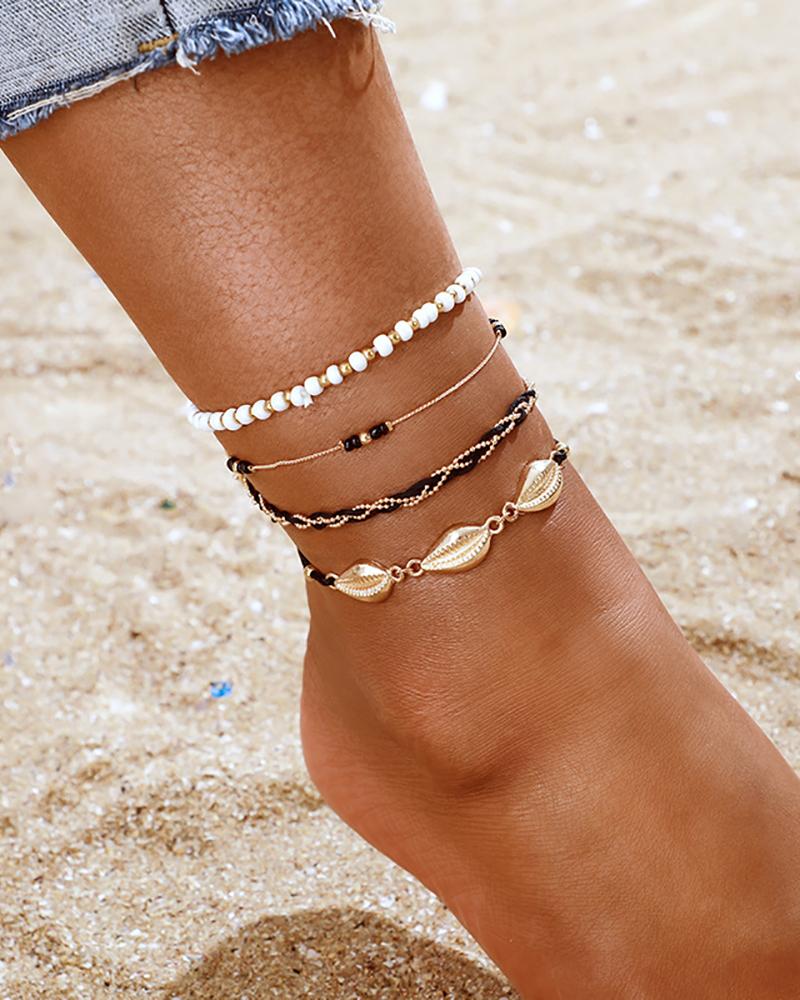 

4PCS Beaded Metal Shell Decor Chain Anklet, Multicolor