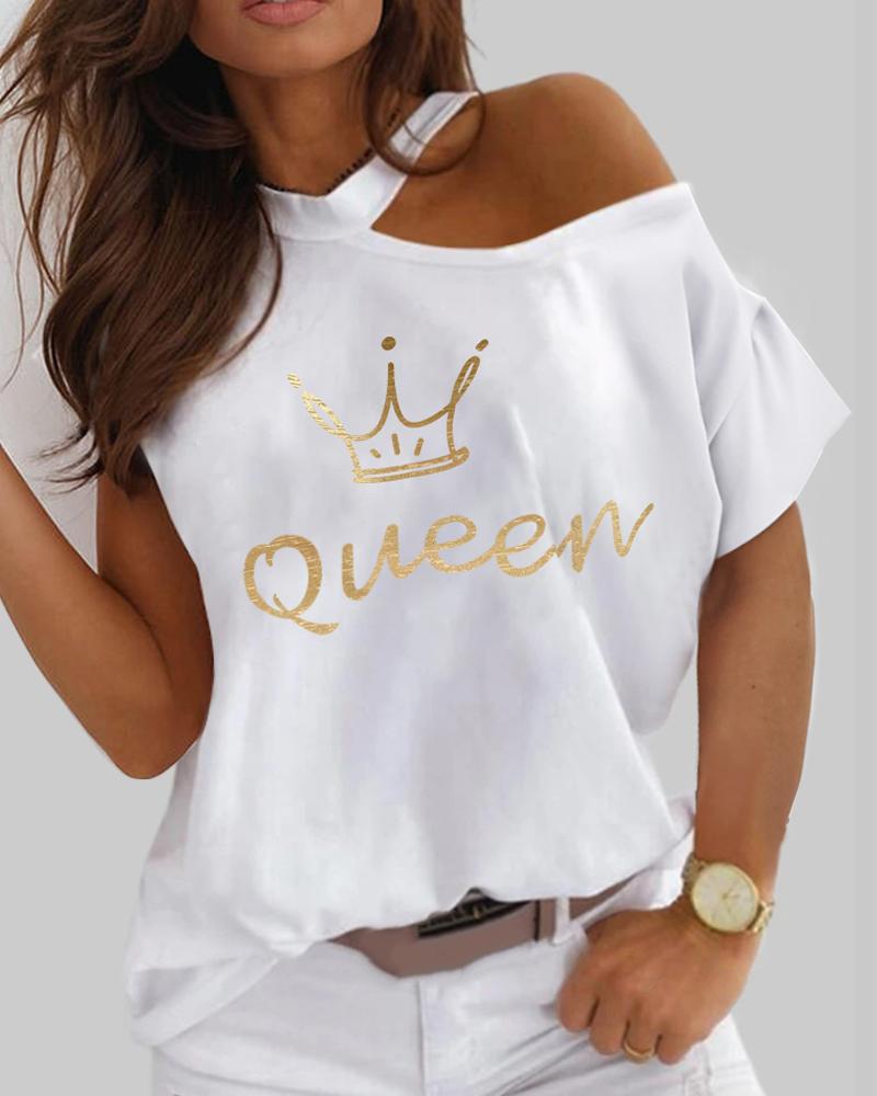 

Valentine's Day Letter Crown Print One Shoulder Top, White