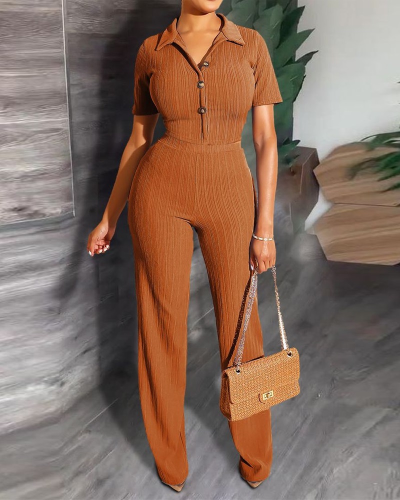 

Buttoned Top & High Waist Pants Set, Brown