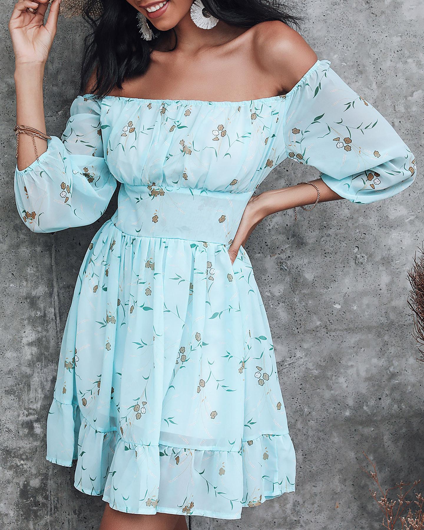 

Off Shoulder Knotted Lantern Sleeve Floral Print Dress, Blue
