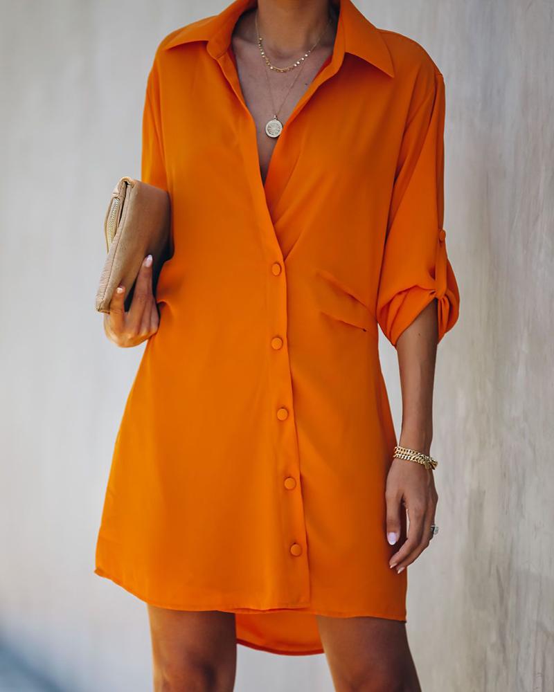 

Long Sleeve Plain Button Design Shirt Dress, Orange