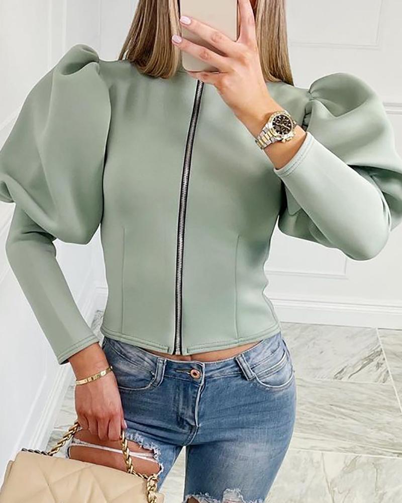 

Zipper Front Long Sleeve Plain Top, Green