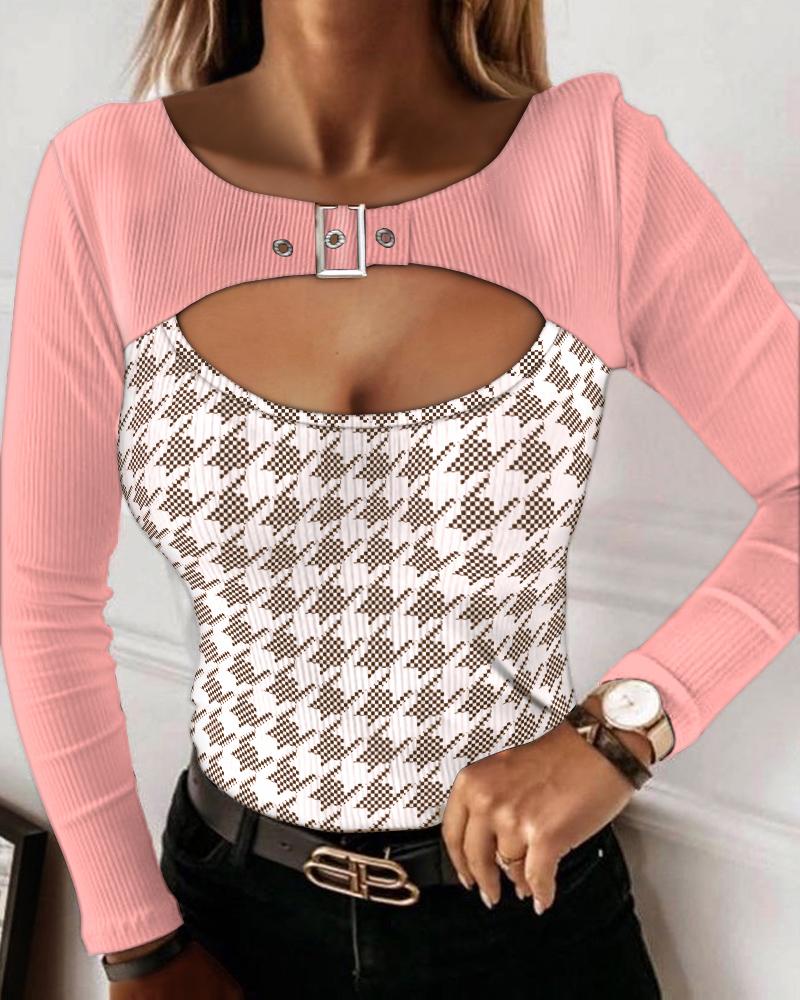 

Houndstooth Print Buckle Detail Cutout Ribbed Top, Pink