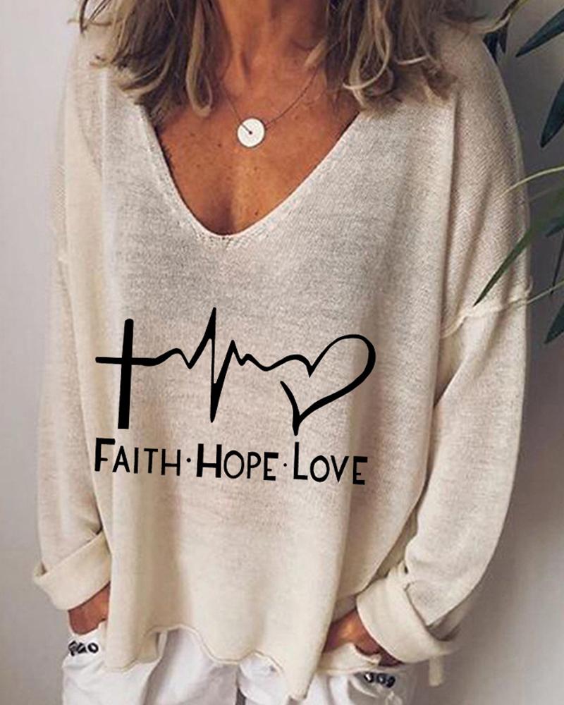

Letter Print Long Sleeve Blouse, Apricot