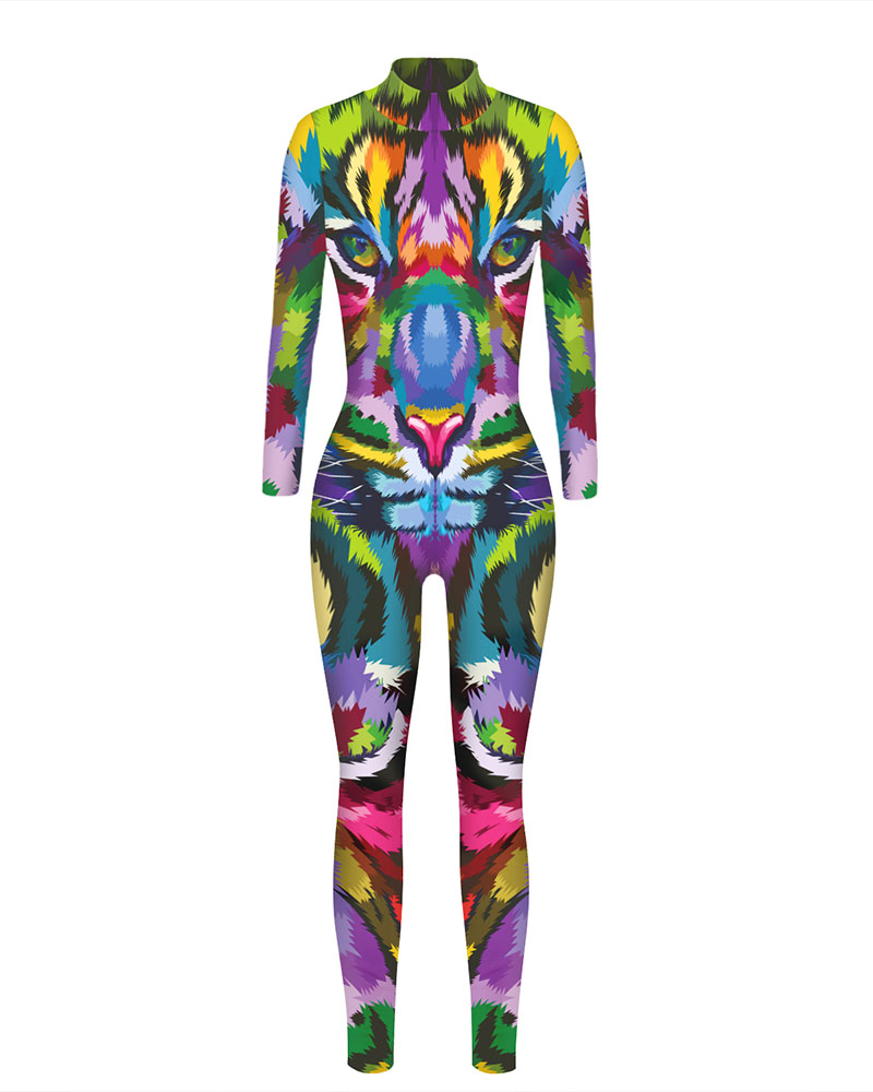 

Tiger / Camouflage / Polkadot Striped Print Halloween Costume Jumpsuit, Style1