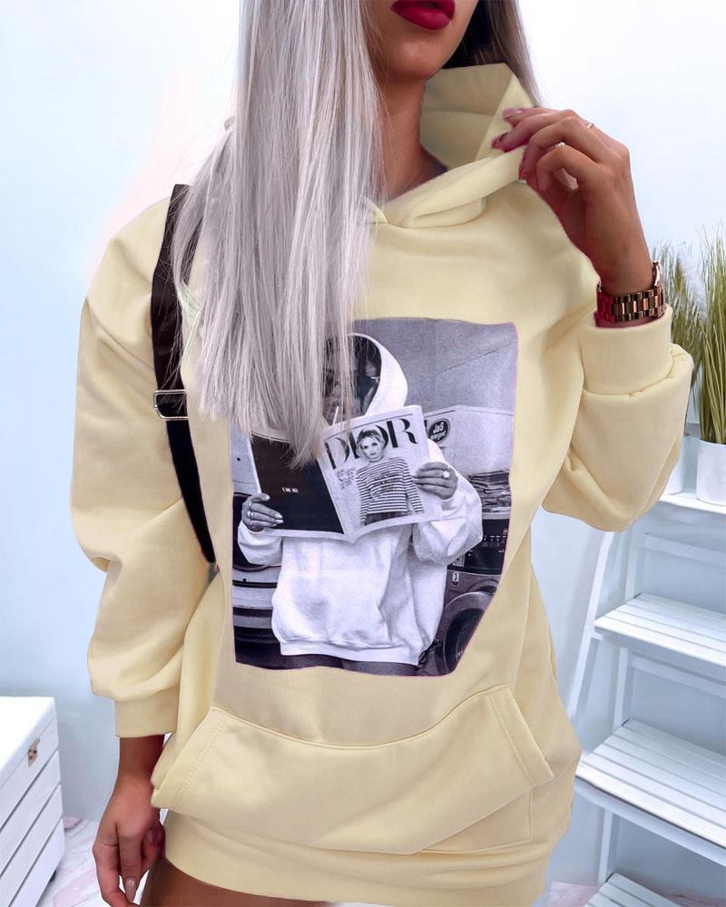 

Graphic Print Drop Shoulder Hooded Sweatshirt Dress Casual Daily Pocket Design Sweatshirt Dress, Apricot