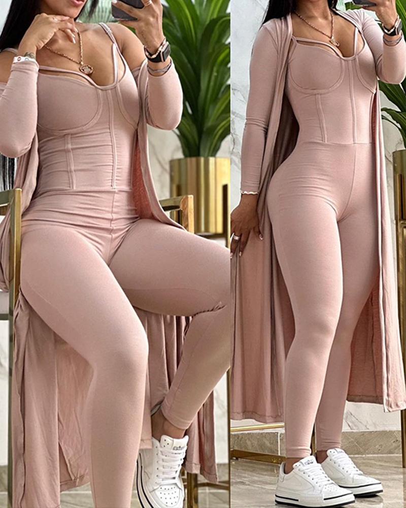 

Cutout Corset Jumpsuit & Longline Coat Set, Pink