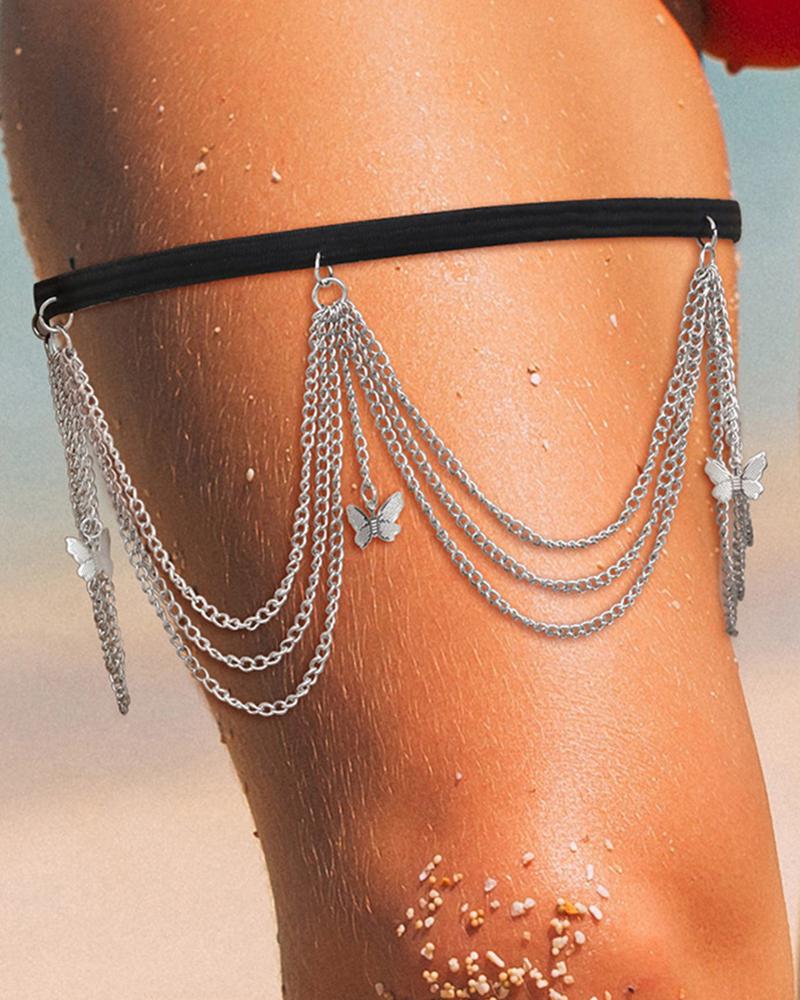 

1pc Butterfly Layered Chain Leg Ring Summer Beach Body Chain, Silver