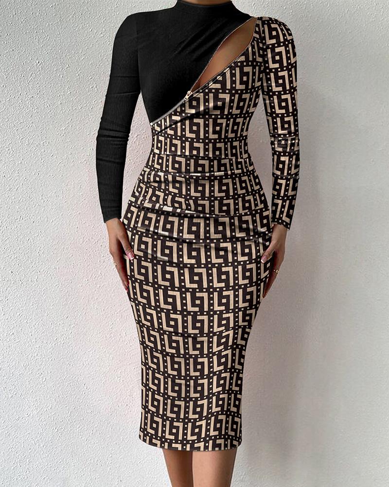 

Geometric Print Patchwork Zipper Front Bodycon Dress, Black