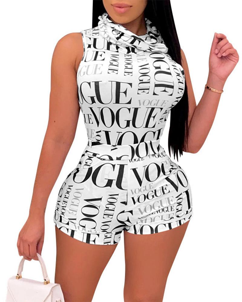 

Letter Print High Neck Sleeveless Top & Shorts Set, White