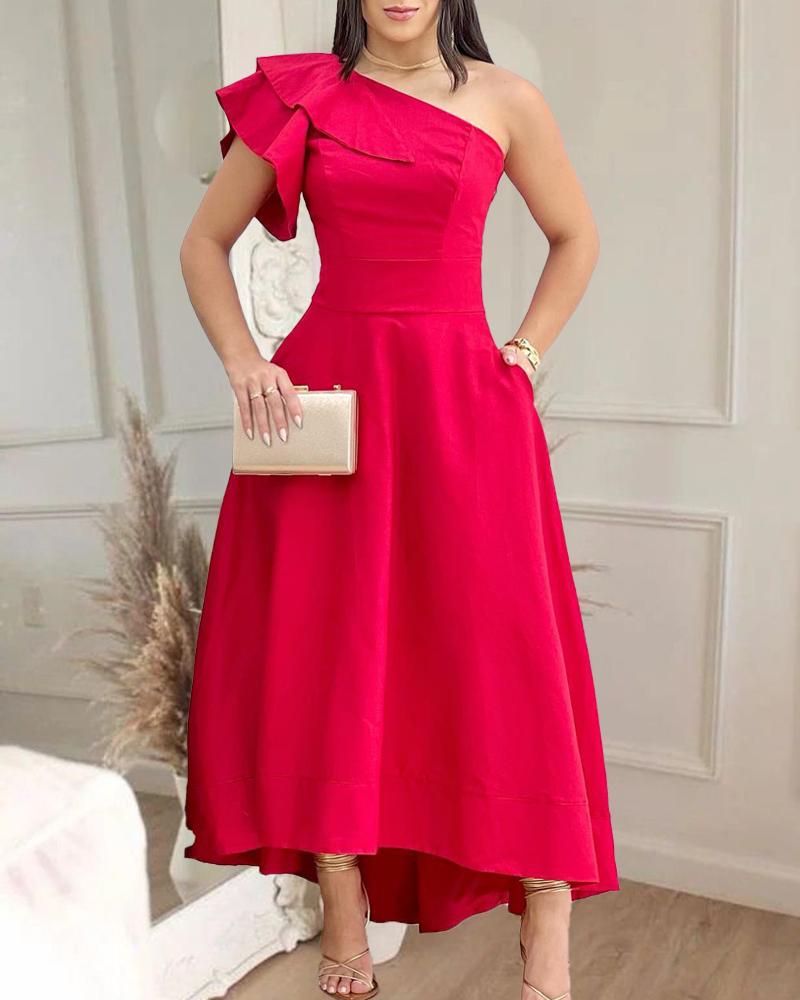 

Ruffles Sleeve One Shoulder Evening Dress, Red
