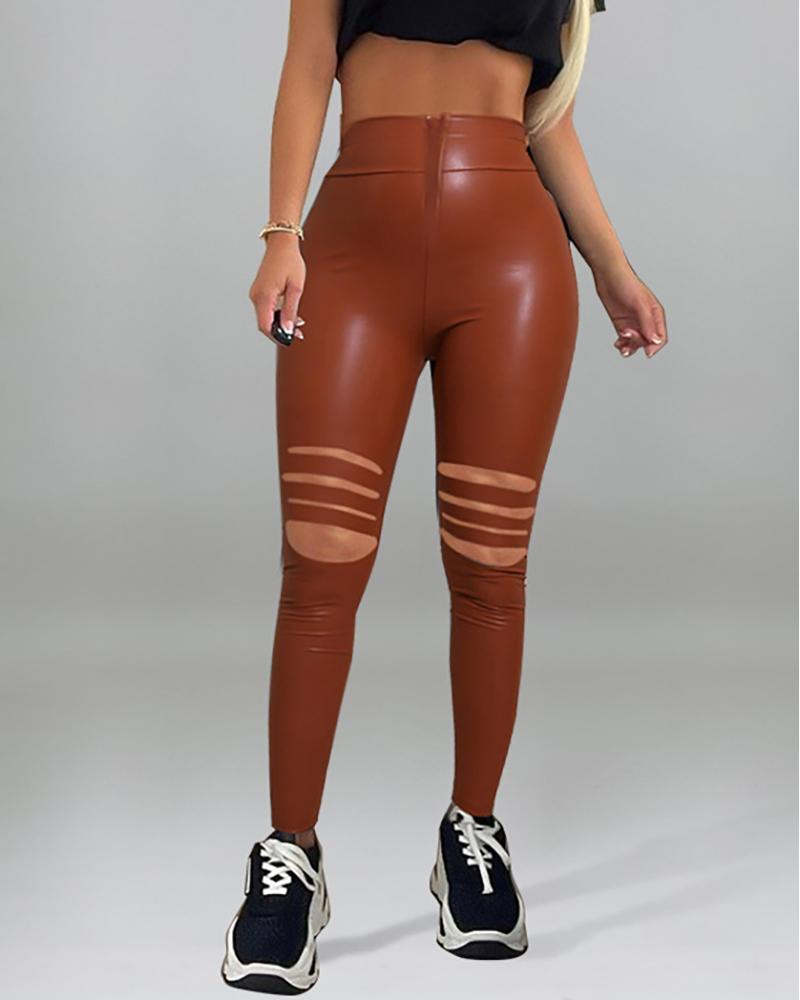 

PU Leather Zipper Design Ladder Cutout Skinny Pants, Brown