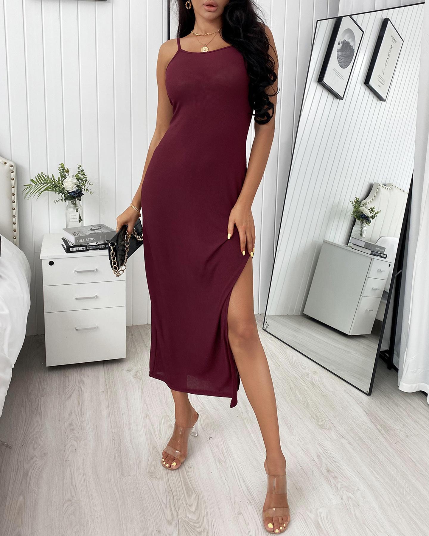 

Cami High Slit Straight Dress, Wine red