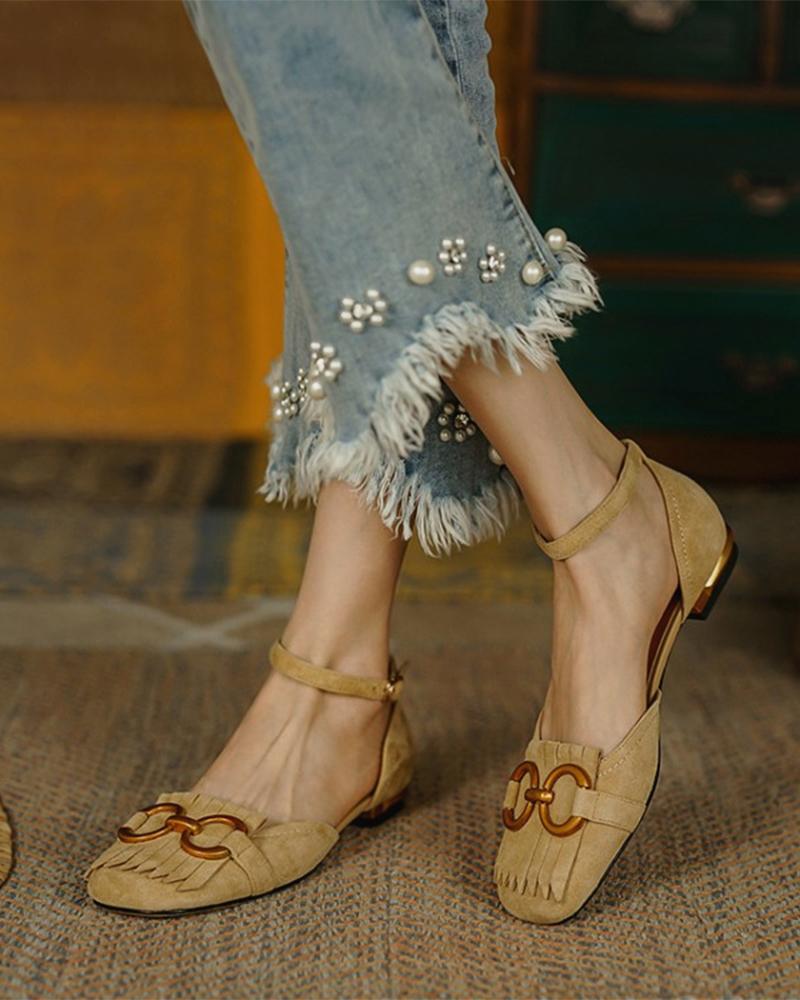 

Square-toe Solid Color Tassel Splicing Chain Suede Leather Flat Sandals, Khaki