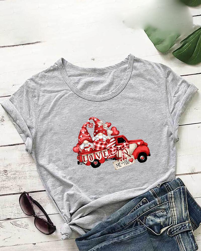 

Valentine' Day Car Dwarf Heart Print O-Neck T-shirt, Gray