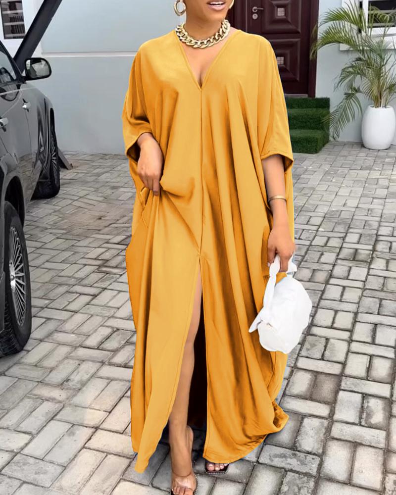 

Slit Front V-Neck Casual Loose Maxi Dress, Yellow