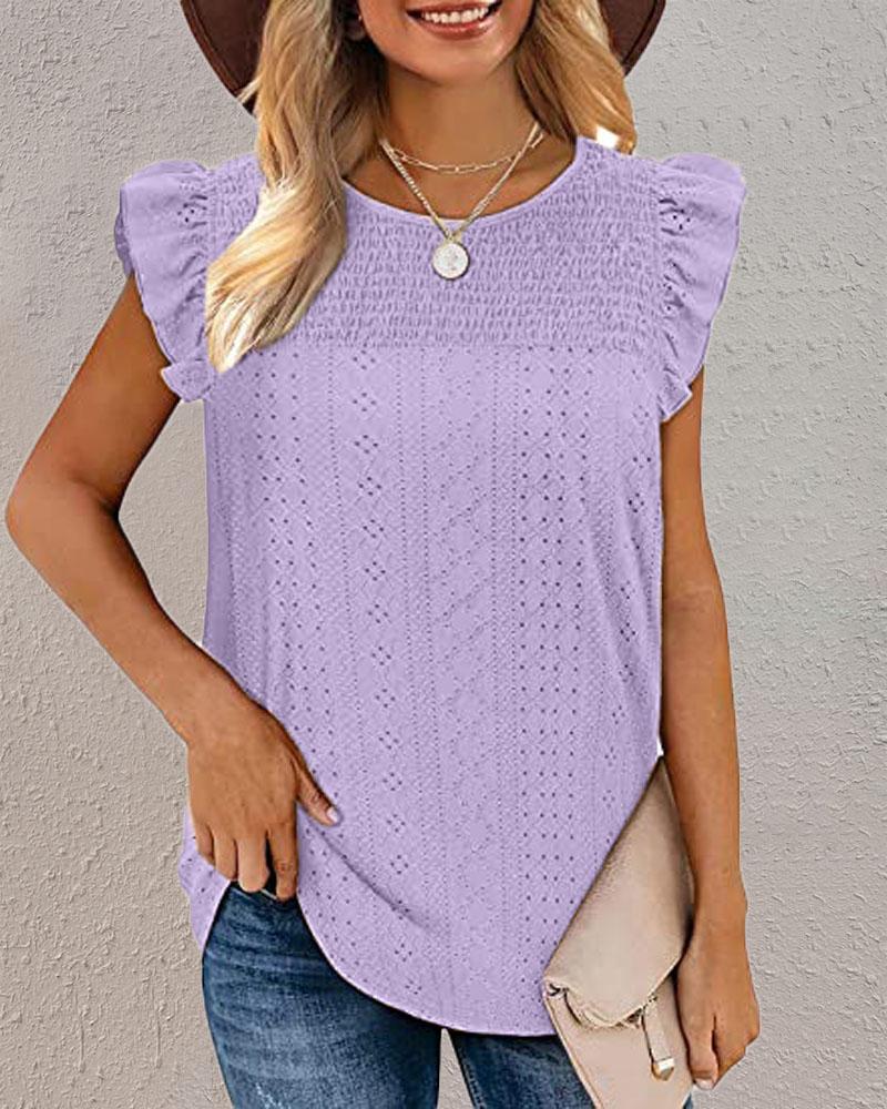 

Eyelet Embroidery Ruffle Hem Shirred Tank Top, Purple