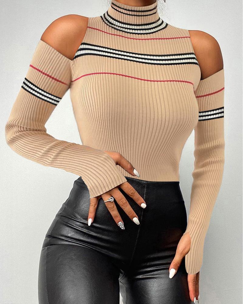 

Striped Cold Shoulder Knit Sweater, Apricot