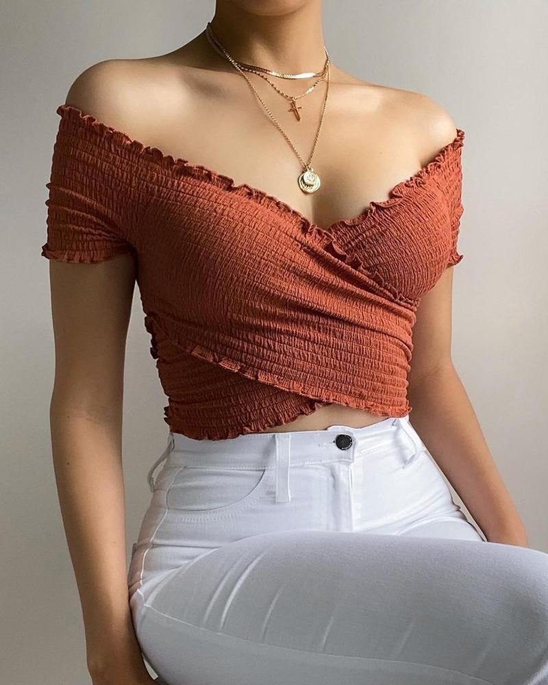 

Off Shoulder Plain Frill Hem Shirred Top, Brown