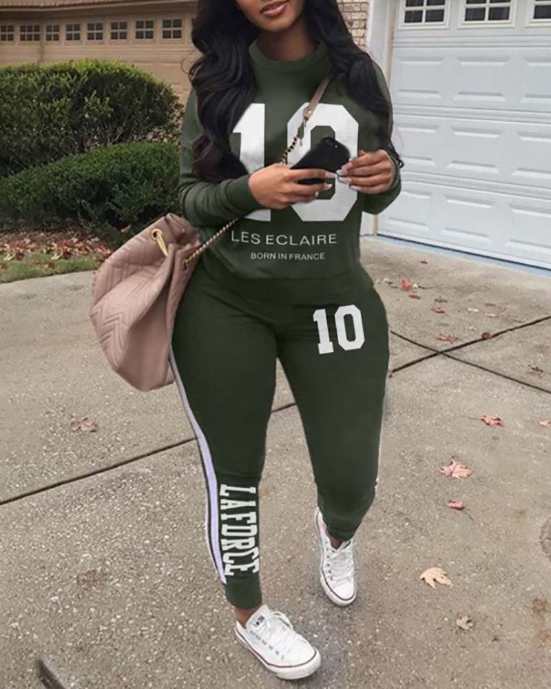 

Letter Figure Print Top & Striped Pants Set, Army green