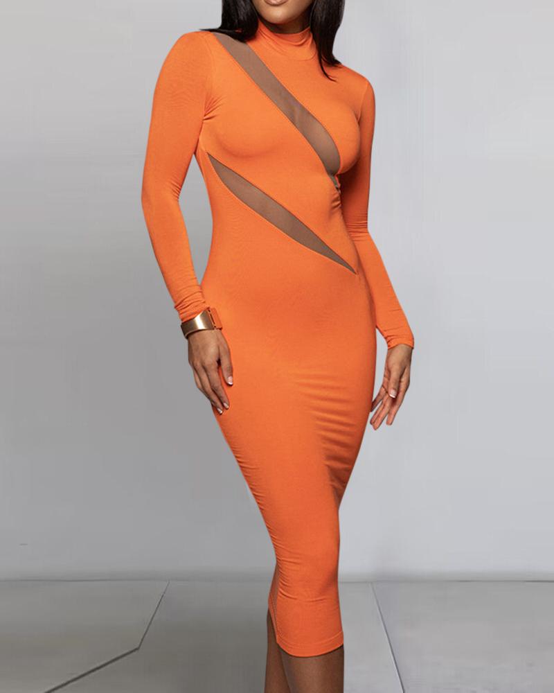 

Mock Neck Sheer Mesh Bodycon Dress, Orange