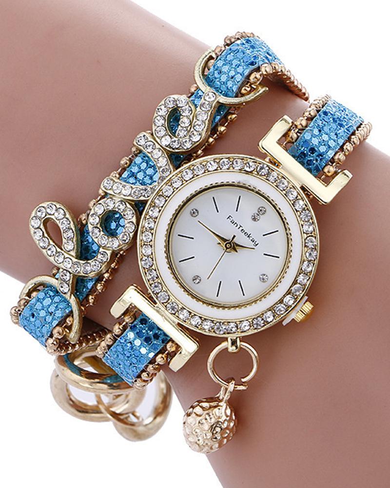 1pc Rhinestone Decor Lover Letter Pattern Bangle Quartz Watch