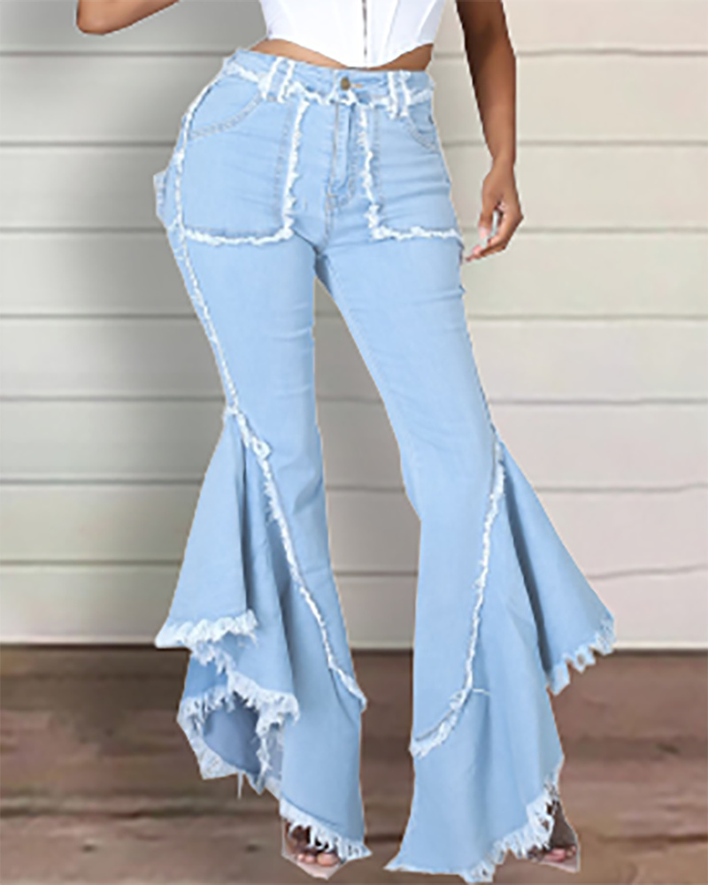 

Buttoned Ruffles Fringe Hem Bootcut Jeans, Blue