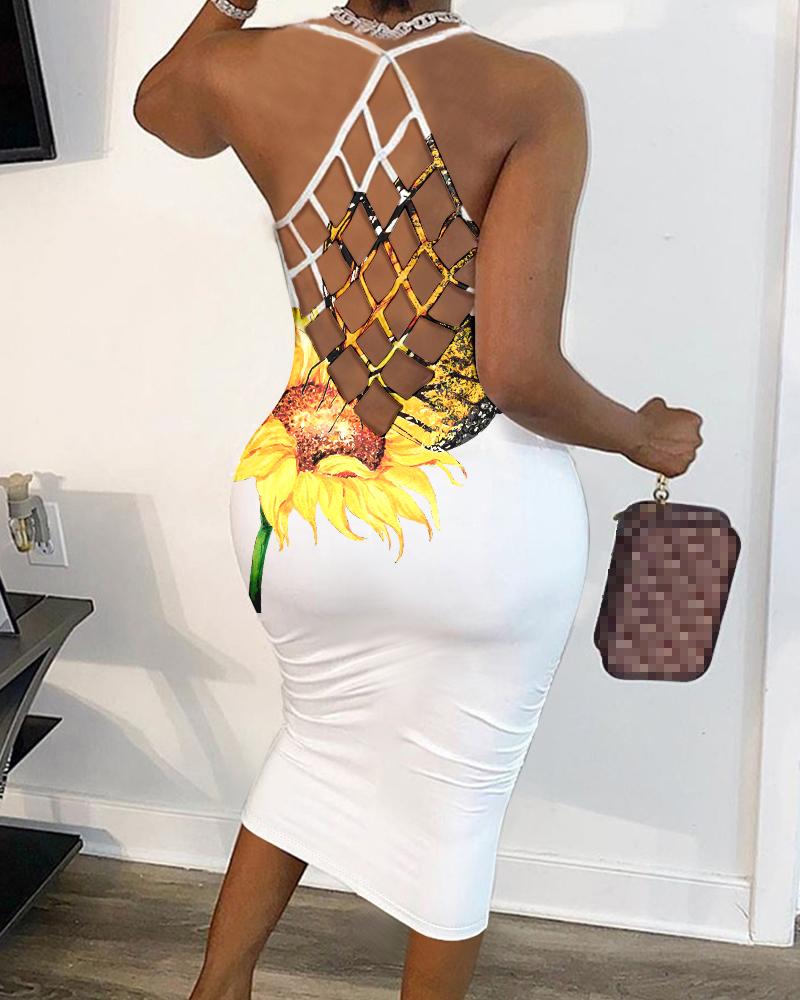 

Butterfly Sunflower Print Fishnet Backless Bodycon Dress, White