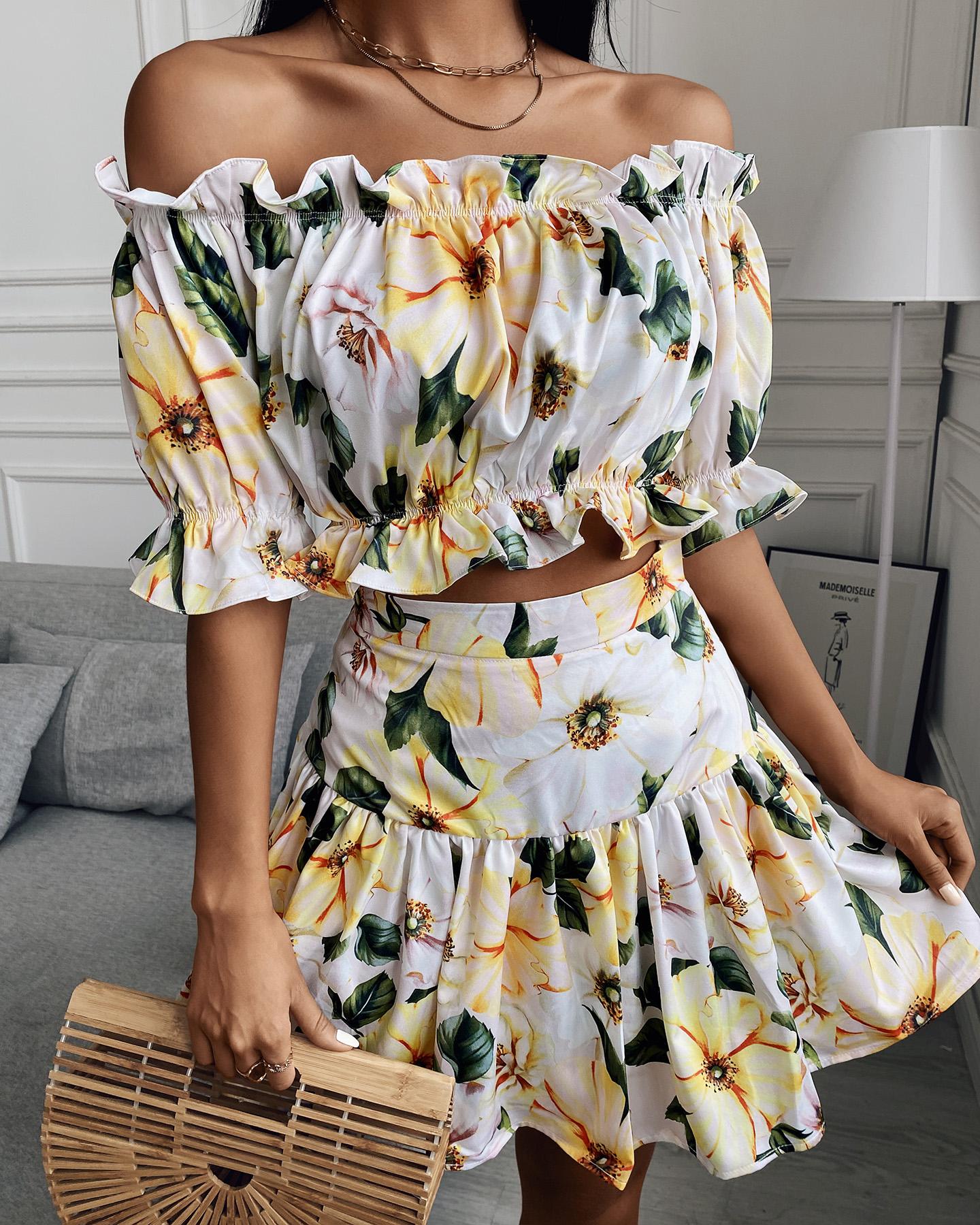 

Floral Print Frill Hem Top & Ruched Skirt Set, Yellow