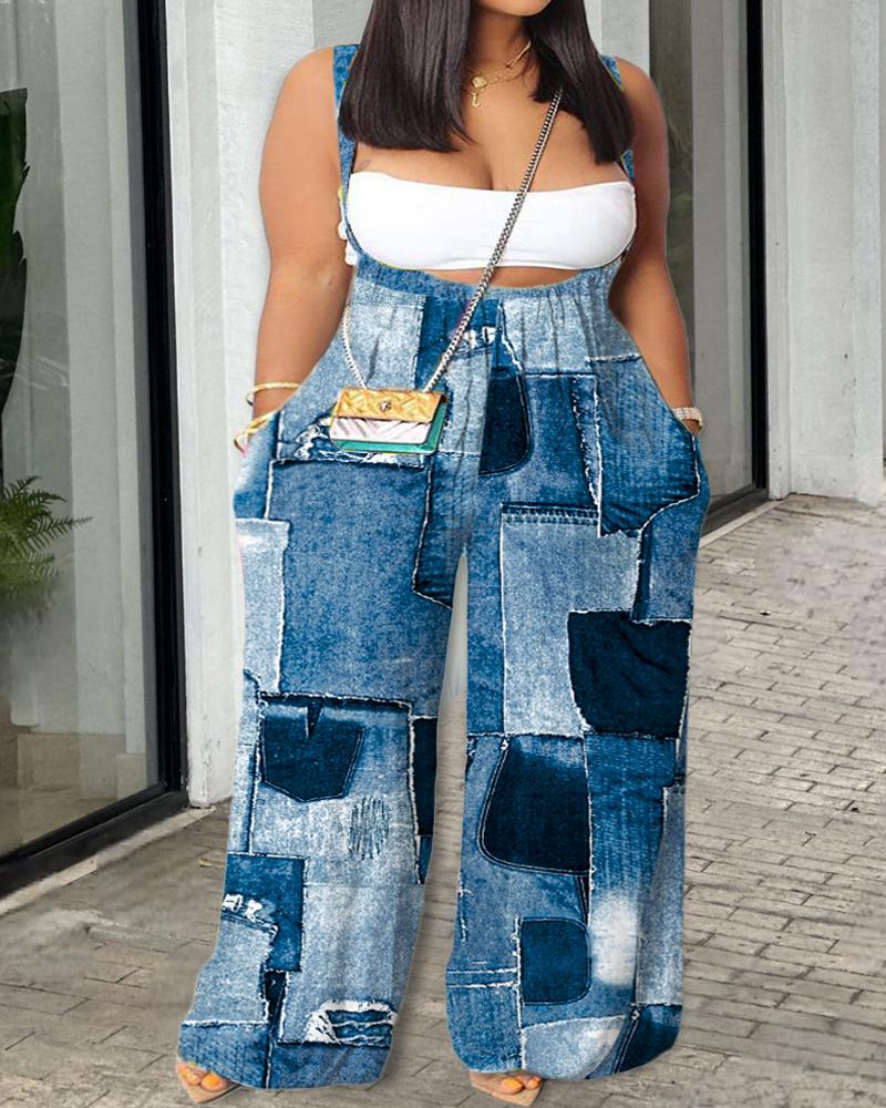 

Plus Size Denim Look Print Wide Leg Suspender Jumpsuit, Blue