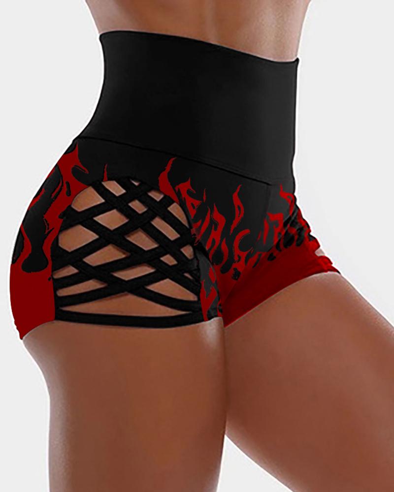 

Fire Print Wide Waistband Bandage Shorts, Red