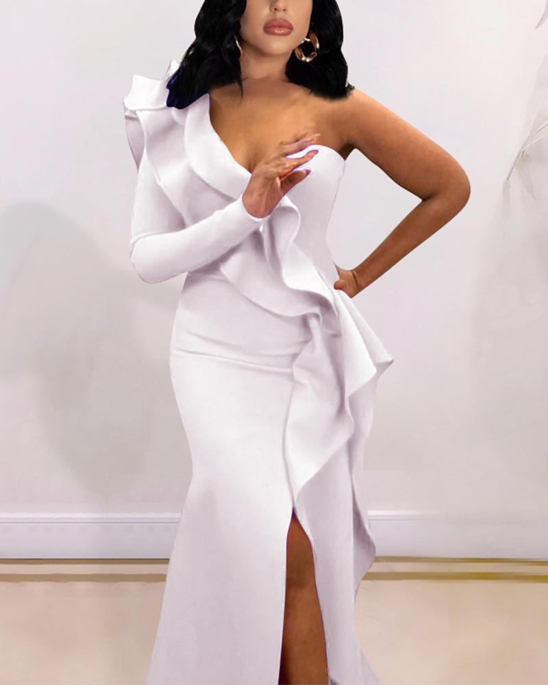 

Solid One Shoulder Ruffle Hem Split Evening Dress, White