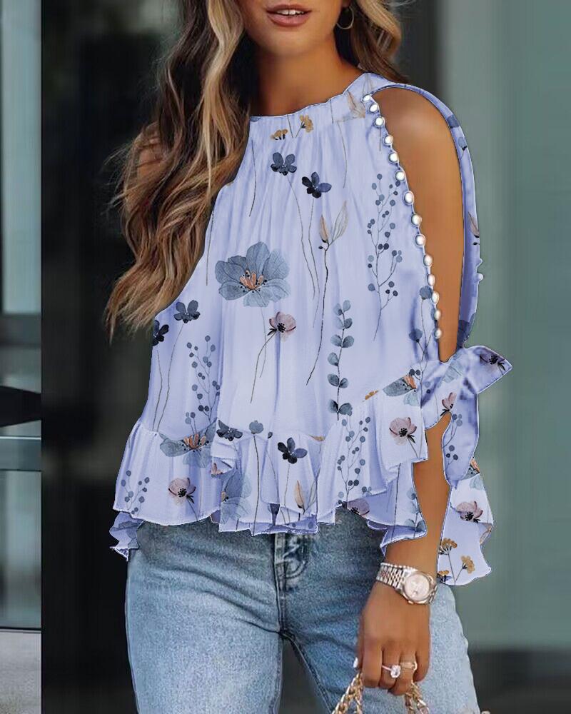

Floral Print Ruffle Hem Split Sleeve Top, Light purple