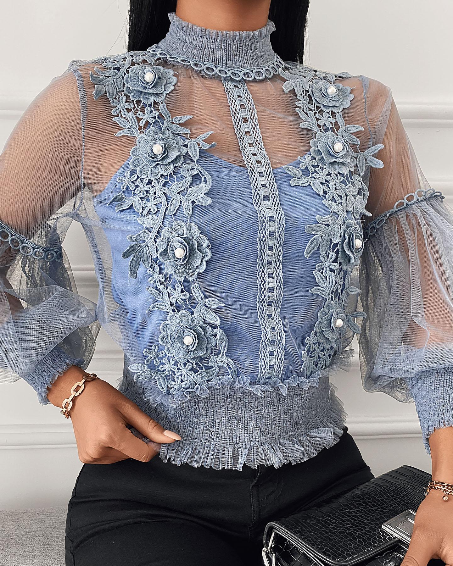 

Sheer Mesh Floral Pattern Lace Beaded Women Top ( 2PCS ), Blue
