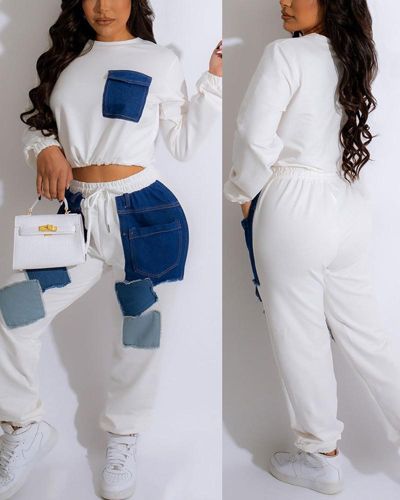 

Denim Ptach Top & Pocket Design Drawstring Sweatpants Set, White