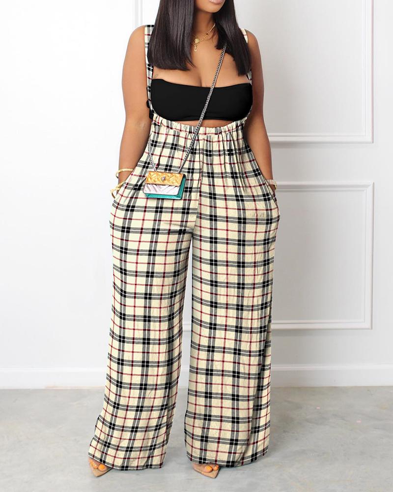 

Plaid Print Wide Leg Suspender Jumpsuit, Brown