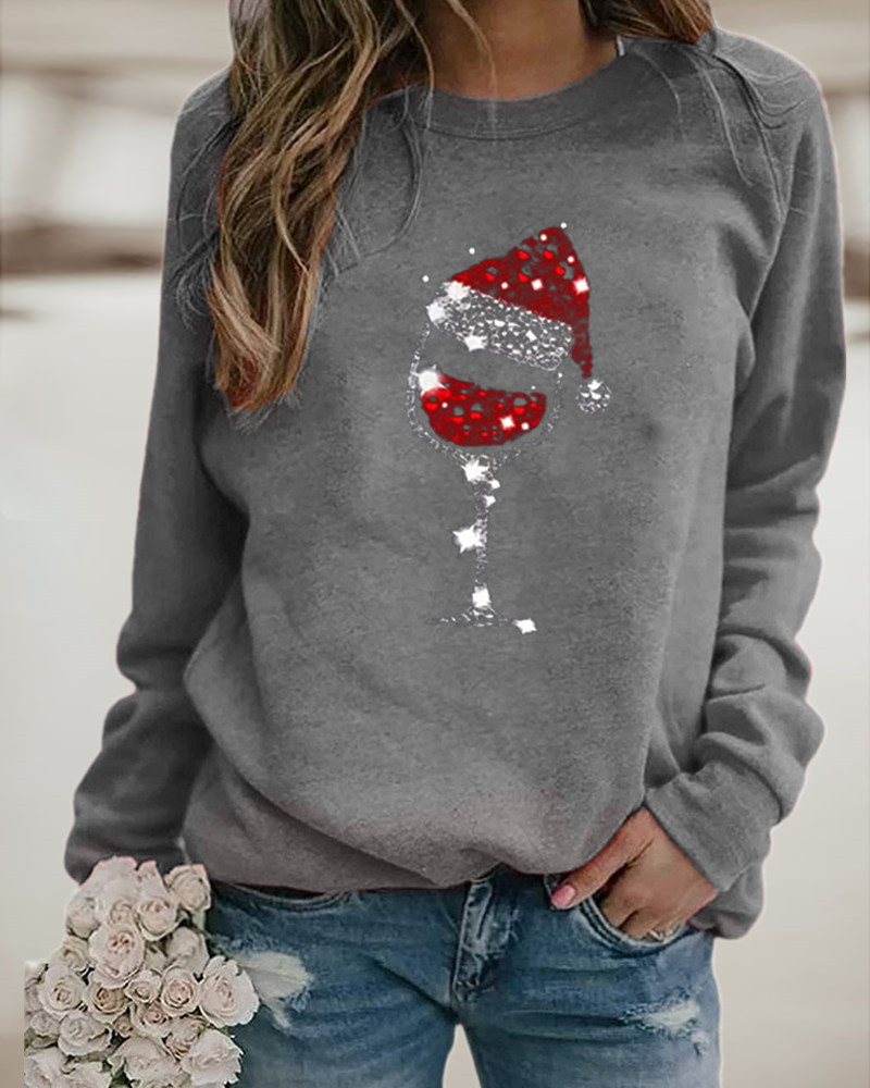 Christmas Wine Glasses Hat Print Long Sleeve Sweatshirt