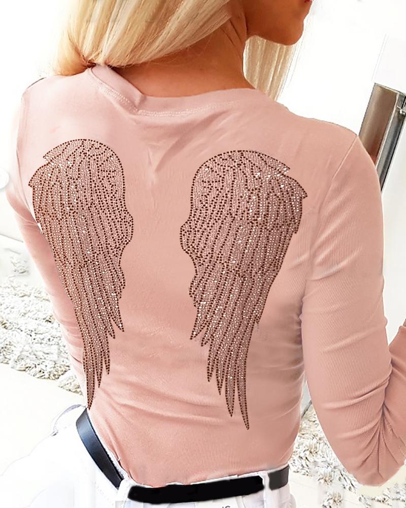 

Long Sleeve Wings Pattern Studded Sweatshirt, Pink