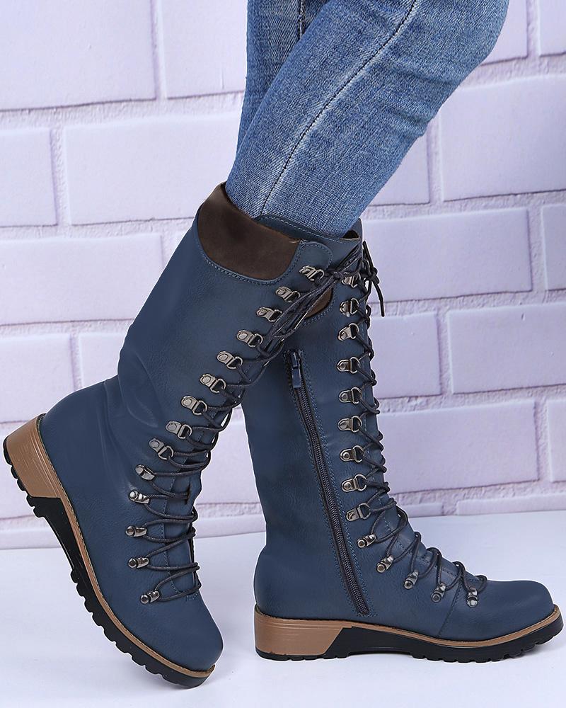 

Lace-up Side Zip Combat Boots, Blue