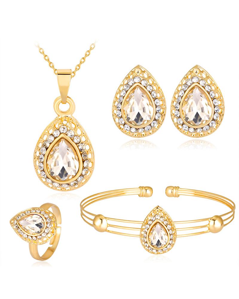 

4pcs Teardrop Gem Stone Pendant Necklace & Bracelet & Ring & Earring Jewelry Set, White