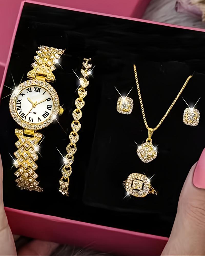 5pcs Allover Rhinestone Quartz Watch & Bracelet & Drop Earrings & Necklace & Ring Jewelry Gifts Set